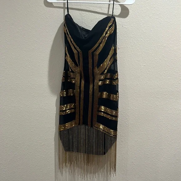 bebe | Dresses | Beaded Strapless Black And Gold Party Dress | Poshmark